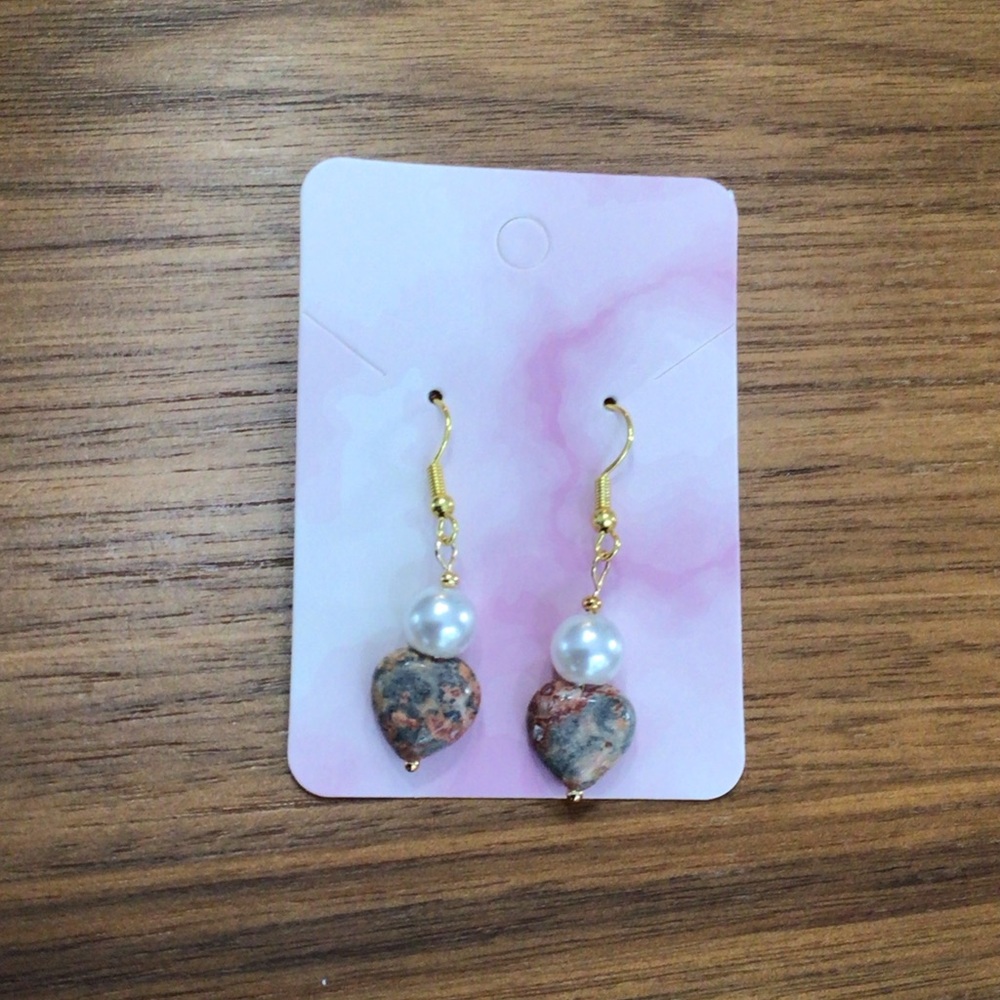 Rhodonite Heart and faux pearl earrings